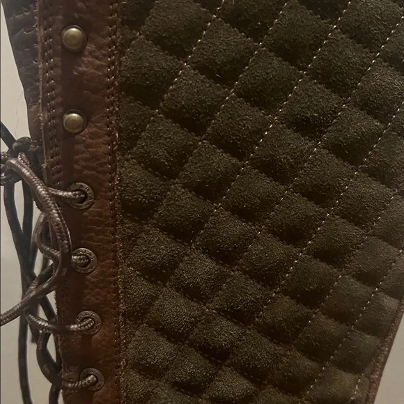 Brown and Green Quilted Knee-High Boots - Picture 3 of 10